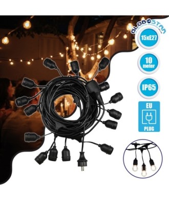 GloboStar® 78983 WIRE GARLAND Καλωδιογιρλάντα PVC 10 Μέτρων με 15 Ντουί E27 με Πρίζα Schuko Επεκτεινόμενη Αδιάβροχη IP65